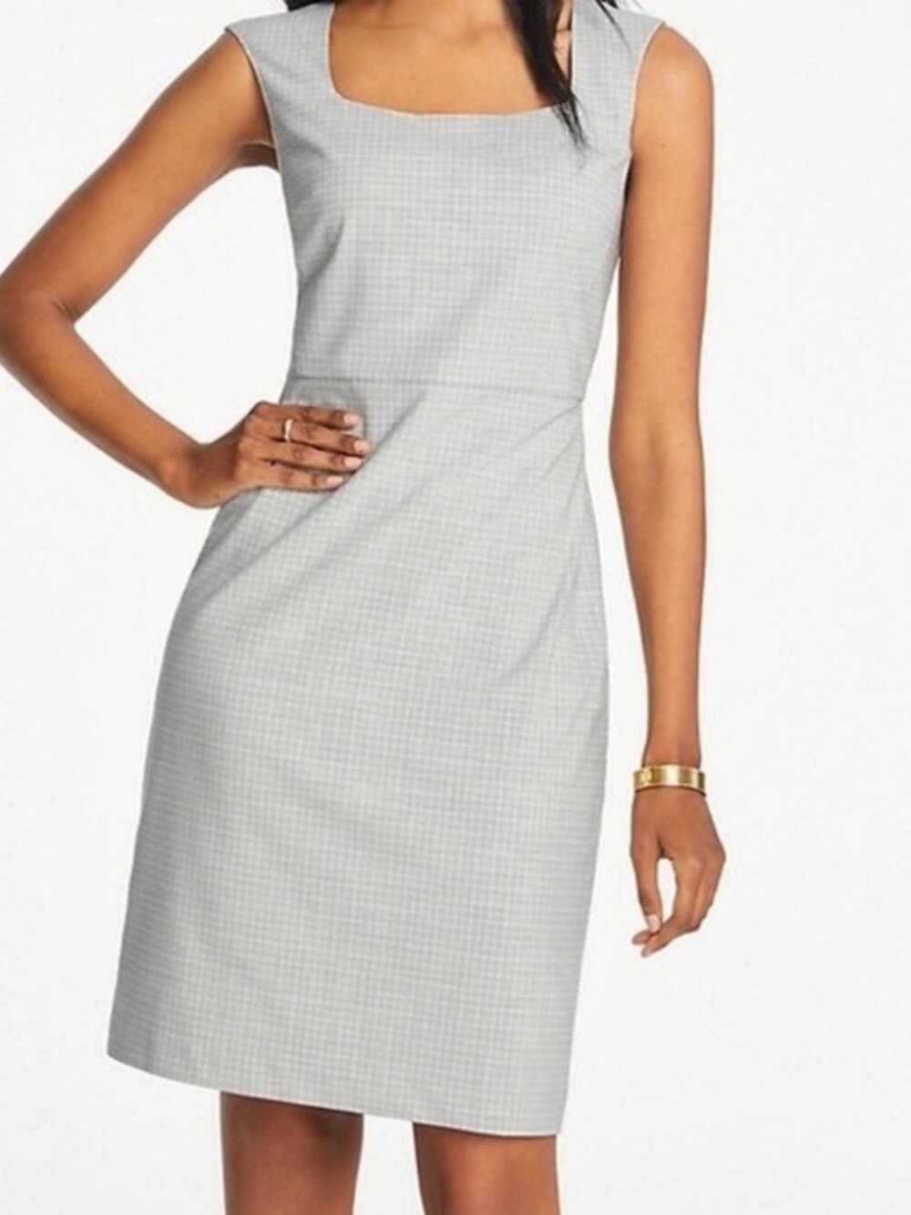 Ann Taylor Grey Windowpane Check Sheath Dress Size 6 Cap Sleeve